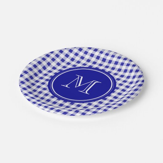 Navy Blue en White Gingham, Uw Monogram Papieren Bordje (Gekanteld)