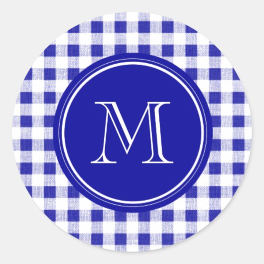 Navy Blue en White Gingham, uw monogram Ronde Sticker (Voorkant)