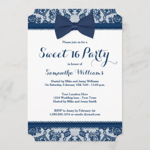 Navy Blue en White Lace Bow Sweet 16 Party Kaart
