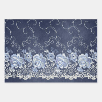 Navy Blue en White Lace Inpakpapier Vel