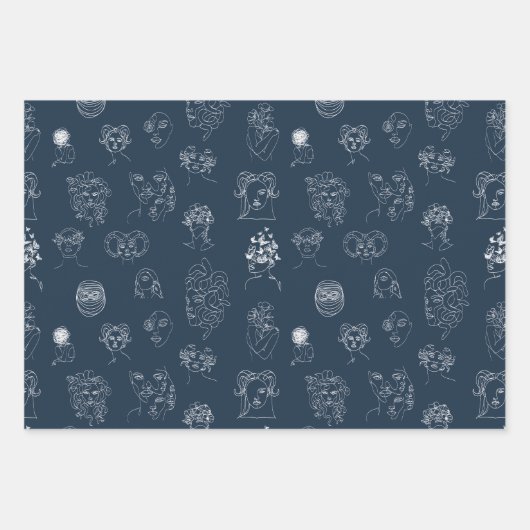 Navy Blue en White Lady Monster Line Art Inpakpapier Vel (Voorkant 3)