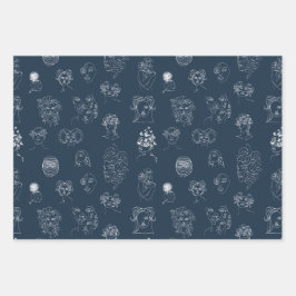 Navy Blue en White Lady Monster Line Art Inpakpapier Vel