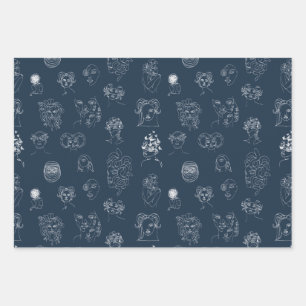 Navy Blue en White Lady Monster Line Art Inpakpapier Vel