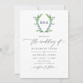 Navy Blue en White Laurel Crest Monogram Wedding Kaart (Voorkant)