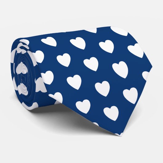 Navy Blue en White Love Heart Pattern Stropdas (Opgerold)