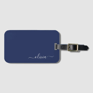 Navy Blue en White Modern Monogram Bagagelabel