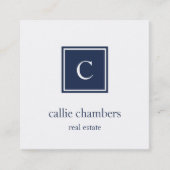 Navy Blue en White Monogram Vierkante Visitekaartje (Voorkant)