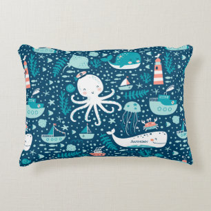 Navy Blue en White Nautical Ocean Pattern Boy Accent Kussen
