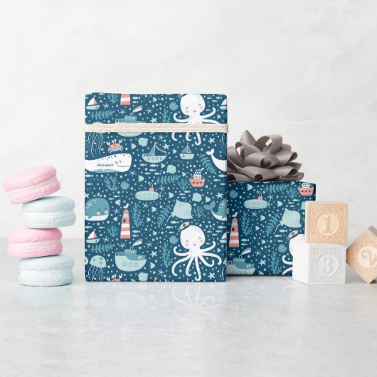 Navy Blue en White Nautical Ocean Pattern Boy Cadeaupapier (Baby Shower)