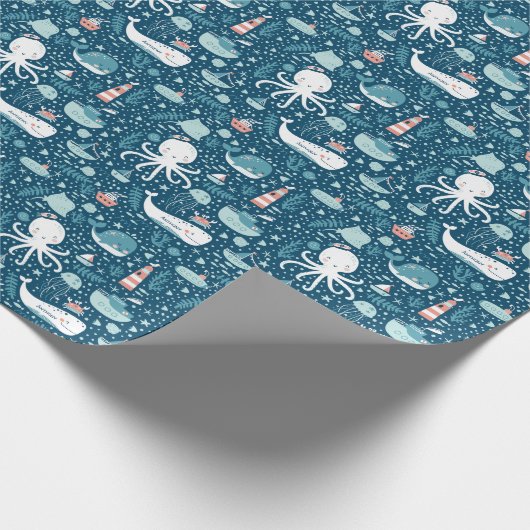 Navy Blue en White Nautical Ocean Pattern Boy Cadeaupapier (Hoek)