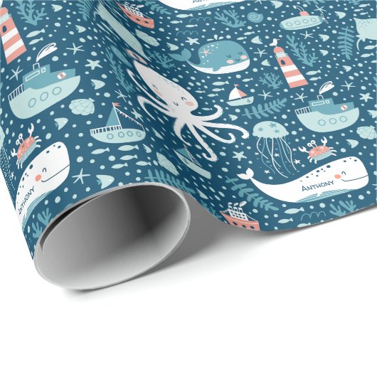 Navy Blue en White Nautical Ocean Pattern Boy Cadeaupapier (Rol Hoek)