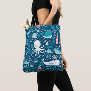 Navy Blue en White Nautical Ocean Pattern Boy Draagtas