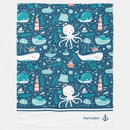 Navy Blue en White Nautical Ocean Pattern Boy Fleece Deken (Voorkant)