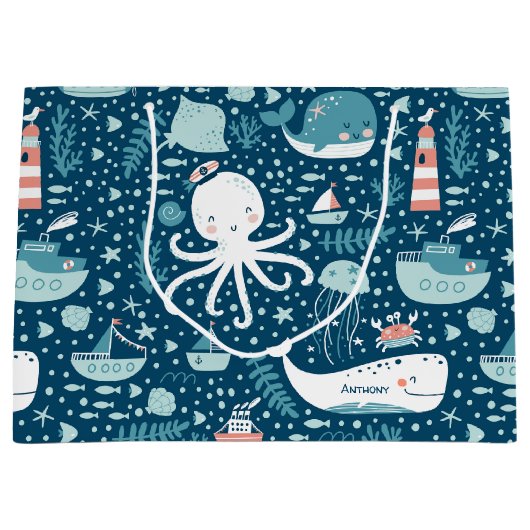 Navy Blue en White Nautical Ocean Pattern Boy Groot Cadeauzakje (Voorkant)