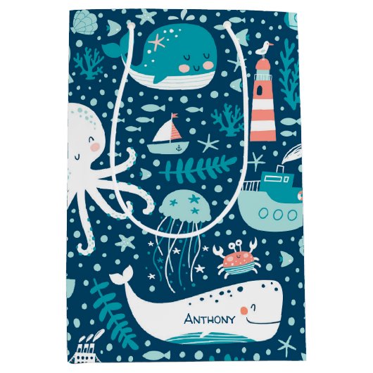 Navy Blue en White Nautical Ocean Pattern Boy Medium Cadeauzakje (Voorkant)