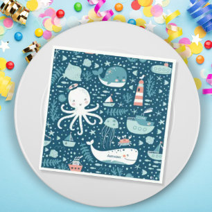 Navy Blue en White Nautical Ocean Pattern Boy Servet