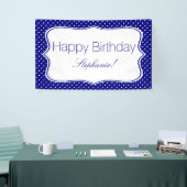 Navy Blue en White Polka Dot Birthday Party Spandoek (Beurs)
