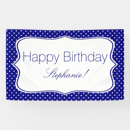 Navy Blue en White Polka Dot Birthday Party Spandoek (Horizontaal)