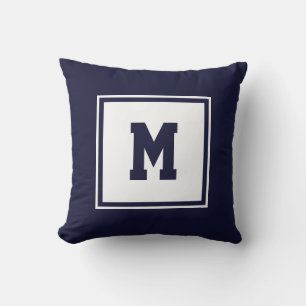 Navy Blue en White Preppy Square Monogram aangepas Kussen