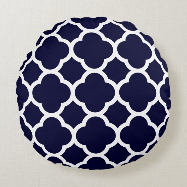 Navy Blue en White Quatrefoil Pattern Rond Kussen (Voorkant)