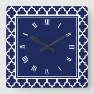 Navy Blue en White Quatrefoil Pattern Vierkante Klok
