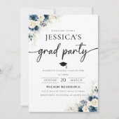 Navy Blue en White Rose Afstuderen Invitation Kaart (Voorkant)