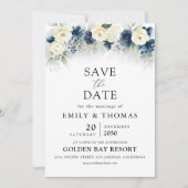 Navy Blue en White Rose Save The Date Cards (Voorkant)