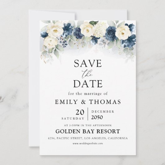 Navy Blue en White Rose Save The Date Cards (Voorkant)
