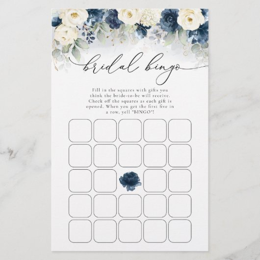 Navy Blue en White Roses Vrijgezellenfeest Bingo (Voorkant)