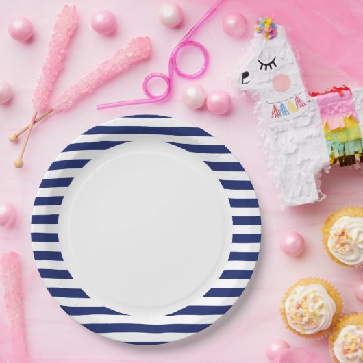 Navy Blue en White Stripe Pattern Papieren Bordje (Feest)