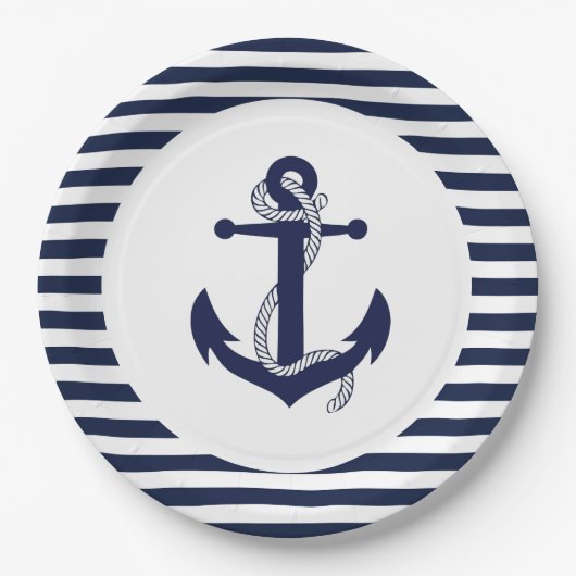 Navy Blue en White Striped Anchor Wedding. Papieren Bordje (Voorkant)
