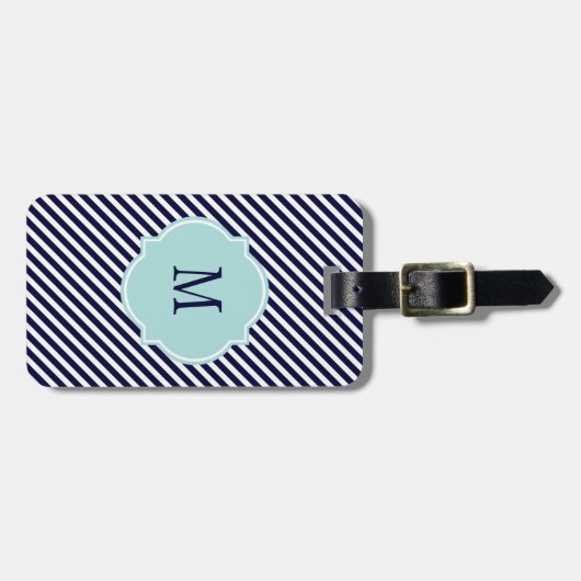 Navy Blue en White Striped Monogram Bagagelabels (Voorkant horizontaal)
