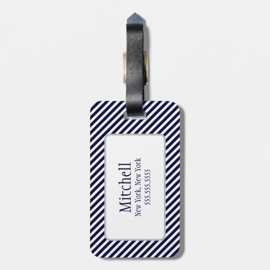 Navy Blue en White Striped Monogram Bagagelabels (Achterkant verticaal)