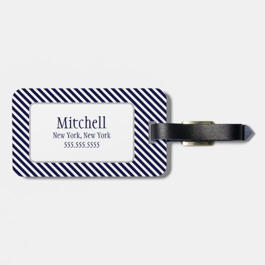 Navy Blue en White Striped Monogram Bagagelabels (Achterkant horizontaal)