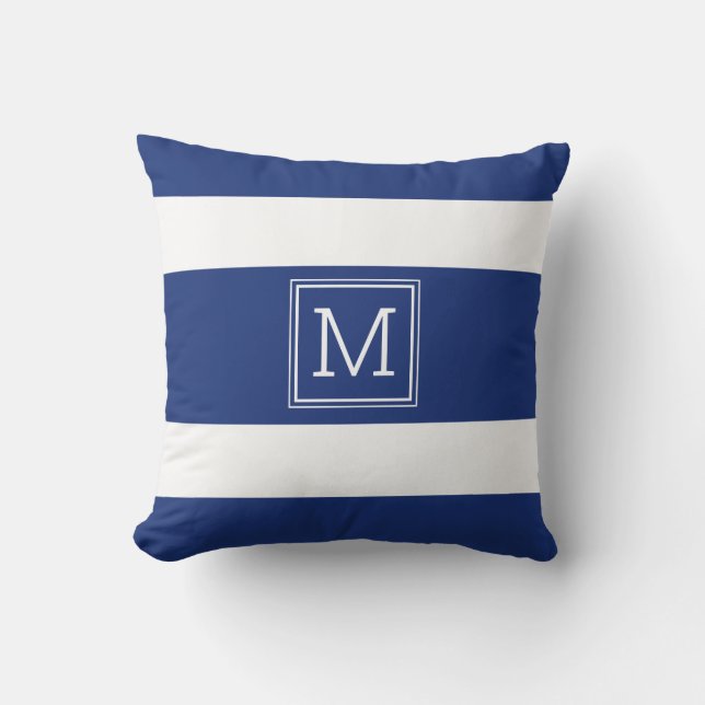 Navy Blue en White Stripes Simple Monogram op maat Buitenkussen (Voorkant)