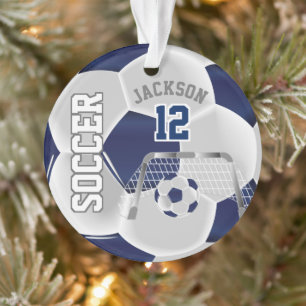 Navy Blue en White ⚽ Voetbal personaliseren Ornament