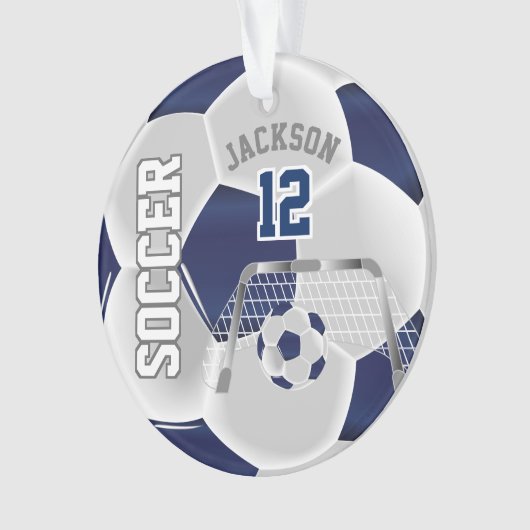 Navy Blue en White ⚽ Voetbal personaliseren Ornament (voorkant)
