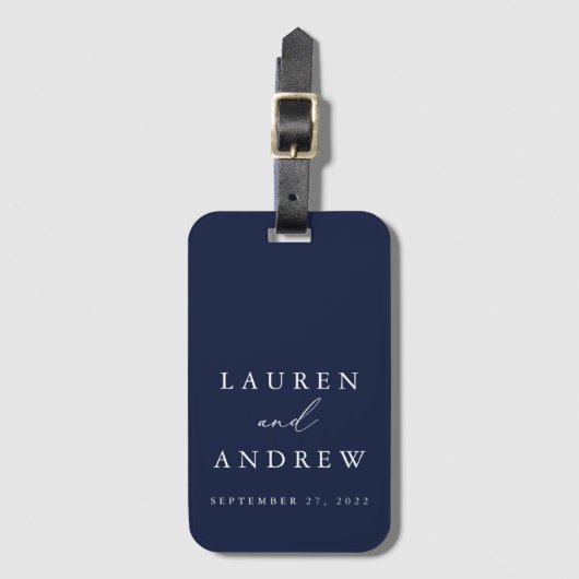 Navy Blue en White Wedding Personalized Bagagelabel (Voorkant (verticaal))