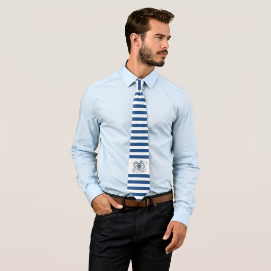 Navy-Blue en witte strepen met nautische octopus Stropdas (In situ)