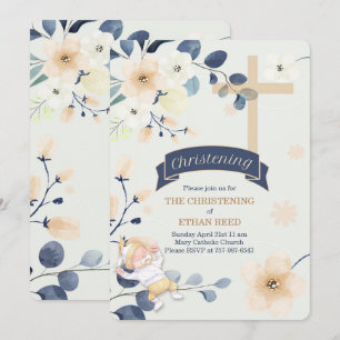Navy Blue en Yellow Blossom Cross Christening Kaart