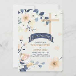 Navy Blue en Yellow Blossom Cross Christening Kaart