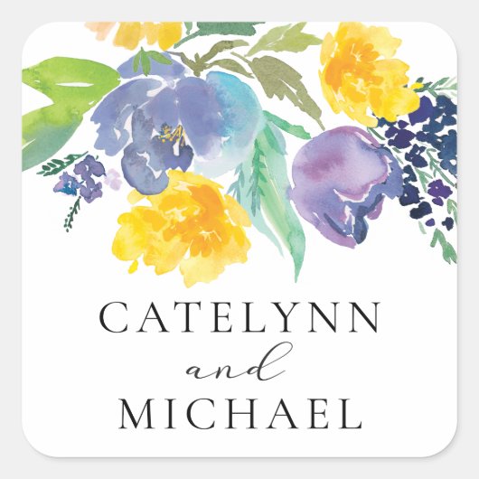 Navy Blue en Yellow Bright Floral Wedding Sticker (Voorkant)