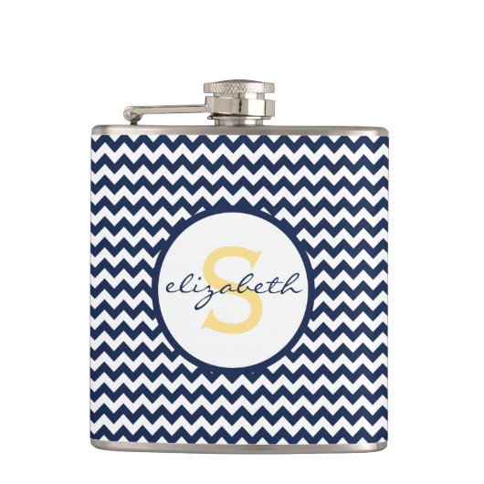 Navy Blue en Yellow Chevron Monogram Heupfles (Voorkant)