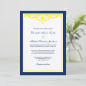 Navy Blue en Yellow Flourish Wedding Invitation Kaart (Staand voorkant)