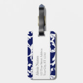 Navy Blue en Yellow Monogrammed Damask Print Bagagelabel (Achterkant verticaal)