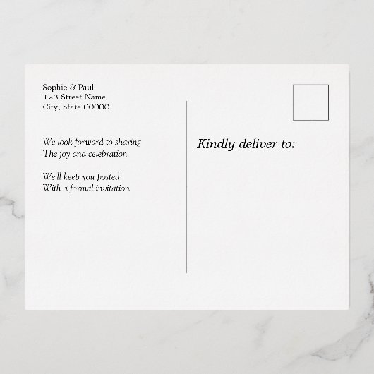 Navy Blue Enregistrer la date Foil Invitation Cart (Verso)