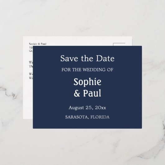 Navy Blue Enregistrer la date Foil Invitation Cart (Recto/Verso)