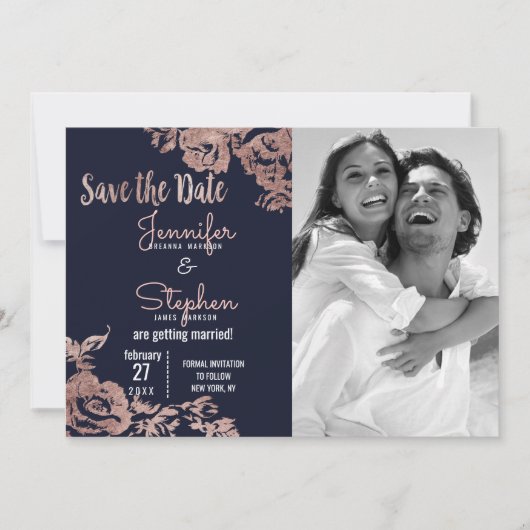Navy Blue et Rose Gold Floral Save the Date (Devant)