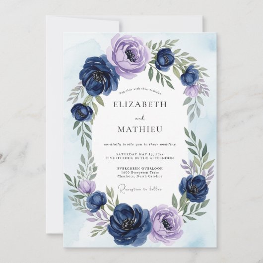 Navy Blue Ethereal Botanical Wedding Kaart (Voorkant)