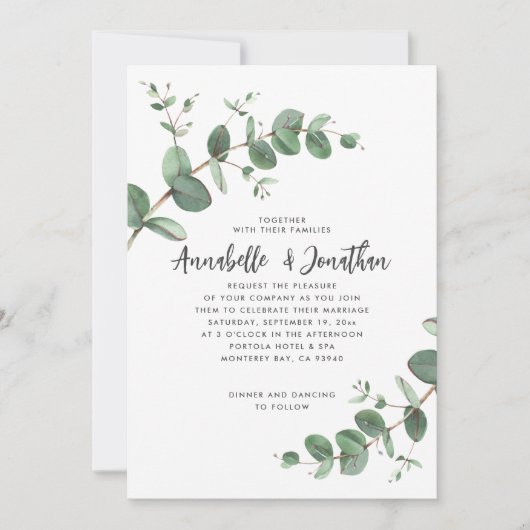 Navy Blue Eucalyptus script Modern Invitation (Devant)